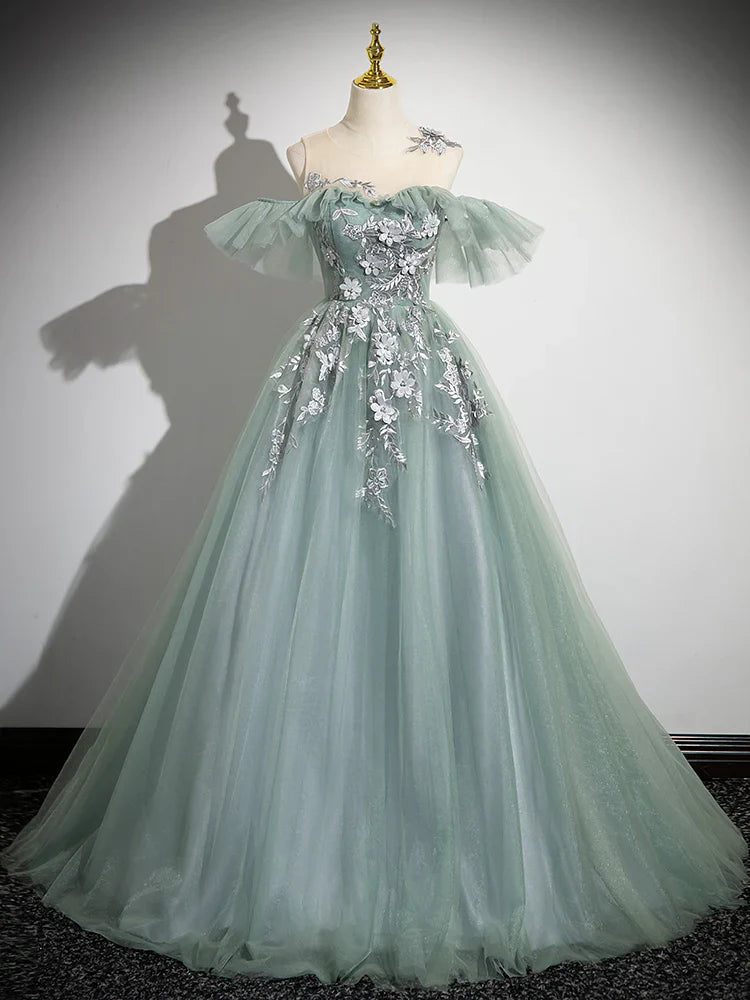 A-Line Off Shoulder Tulle Lace Green Long Prom Dress, Green Long Formal Dress ED0629