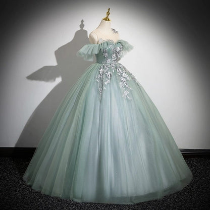 A-Line Off Shoulder Tulle Lace Green Long Prom Dress, Green Long Formal Dress ED0629