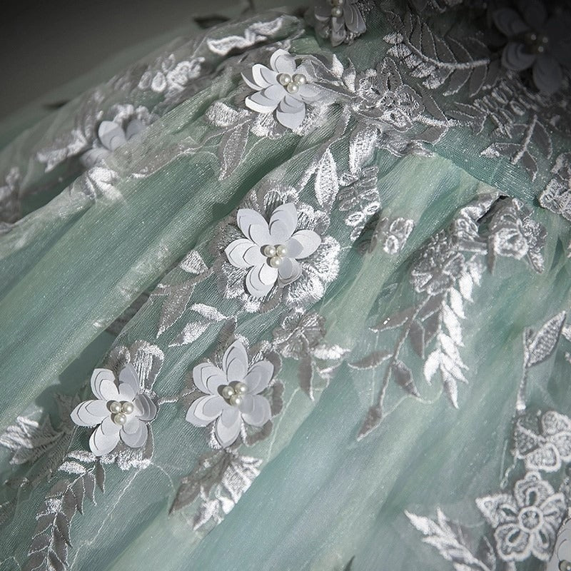 A-Line Off Shoulder Tulle Lace Green Long Prom Dress, Green Long Formal Dress ED0629