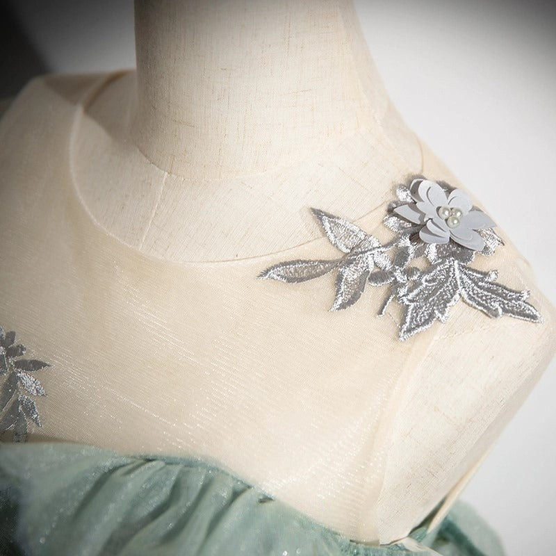 A-Line Off Shoulder Tulle Lace Green Long Prom Dress, Green Long Formal Dress ED0629