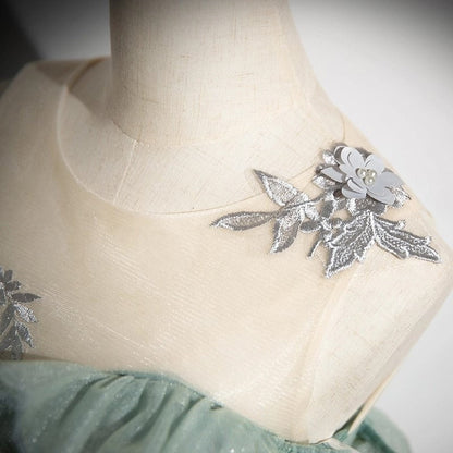 A-Line Off Shoulder Tulle Lace Green Long Prom Dress, Green Long Formal Dress ED0629