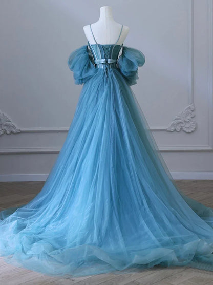A-Line Sweetheart Neck Tulle Blue Long Prom Dress, Blue Long Formal Dress ED0630