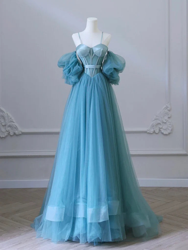 A-Line Sweetheart Neck Tulle Blue Long Prom Dress, Blue Long Formal Dress ED0630