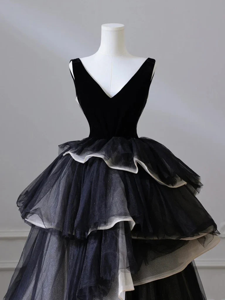 Black V Neck Tulle Long Prom Dress, Black Long Evening Dress ED0632