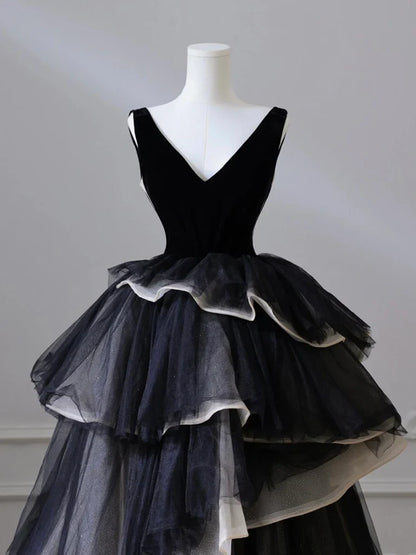 Black V Neck Tulle Long Prom Dress, Black Long Evening Dress ED0632