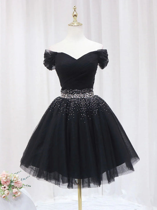 Black V Neck Short Prom Dress, Black Homecoming Dress with Sequin ED0634