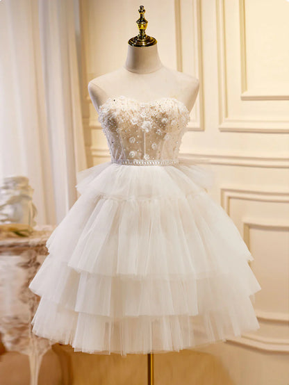 Beige Sweetheart Neck Tulle Short Prom Dress, Beige Homecoming Dress ED0636