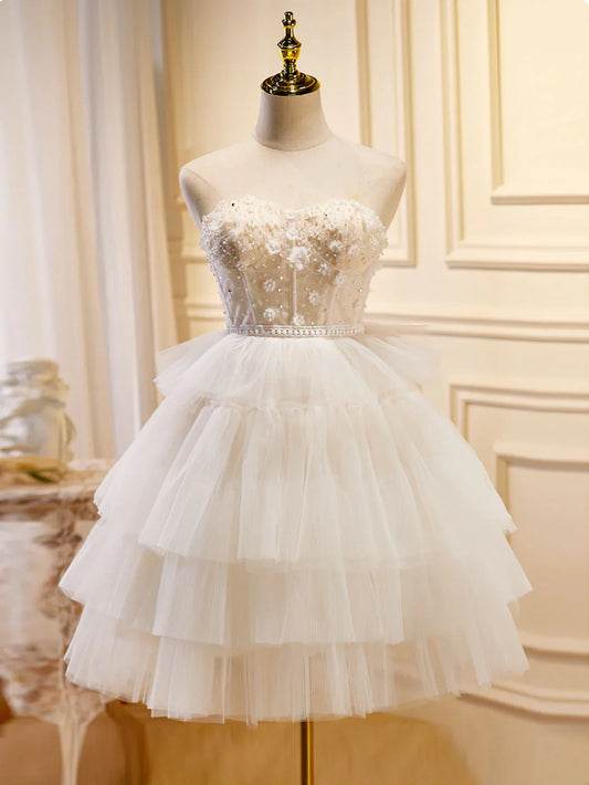 Beige Sweetheart Neck Tulle Short Prom Dress, Beige Homecoming Dress ED0636