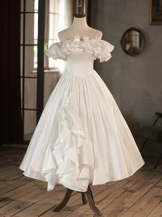 Retro A-Line Tea Length Ivory Prom Dress, White Wedding Party Dress ED0638