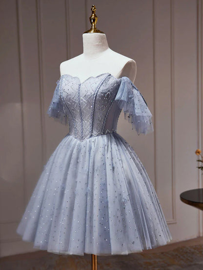 A-Line Tulle Dusty Blue Short Prom Dress, Dusty Blue Homecoming Dress ED0640