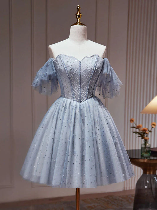 A-Line Tulle Dusty Blue Short Prom Dress, Dusty Blue Homecoming Dress ED0640