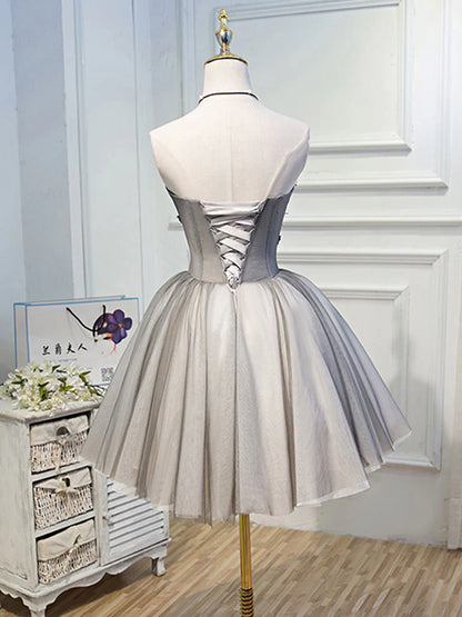 Gray Sweetheart Neck Tulle Lace Short Prom Dress, Cute Homecoming Dress ED0643
