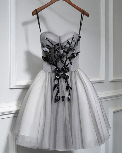 Gray Sweetheart Neck Tulle Lace Short Prom Dress, Cute Homecoming Dress ED0643