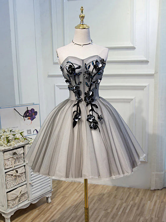 Gray Sweetheart Neck Tulle Lace Short Prom Dress, Cute Homecoming Dress ED0643