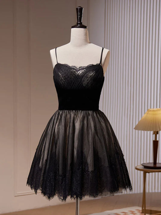A-Line Lace Tulle Black Short Prom Dress, Black Homecoming Dress ED0645