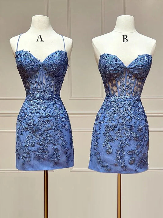 Blue Sweetheart Neck Lace Short Prom Dress, Blue Homecoming Dress ED0648