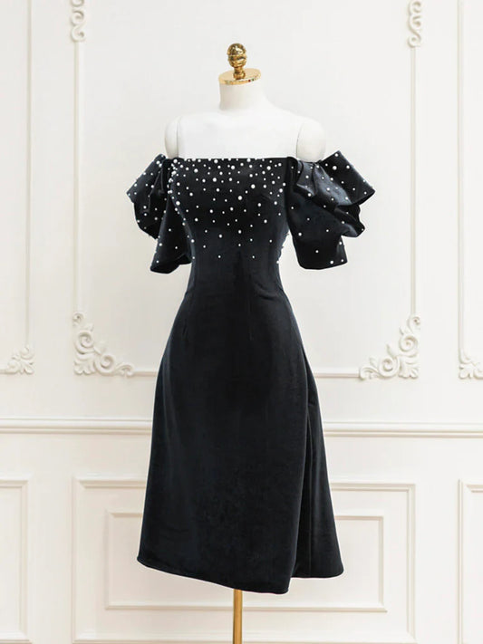 Black Velvet off-the-shoulder Beads Short Prom Dress, Black Evening Dress ED0649