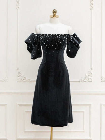 Black Velvet off-the-shoulder Beads Short Prom Dress, Black Evening Dress ED0649