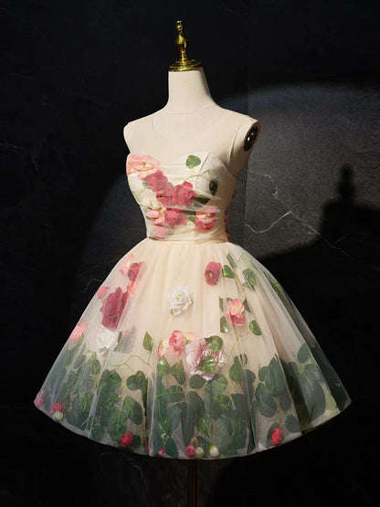 Champagne 3D Flower Tulle Short Prom Dress, Cute Champagne Homecoming Dress ED0652