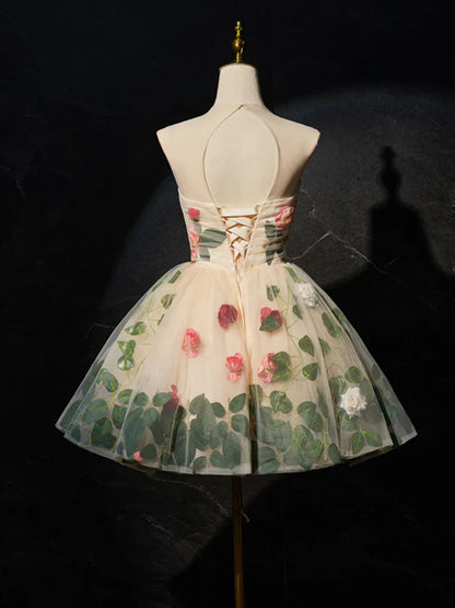 Champagne 3D Flower Tulle Short Prom Dress, Cute Champagne Homecoming Dress ED0652