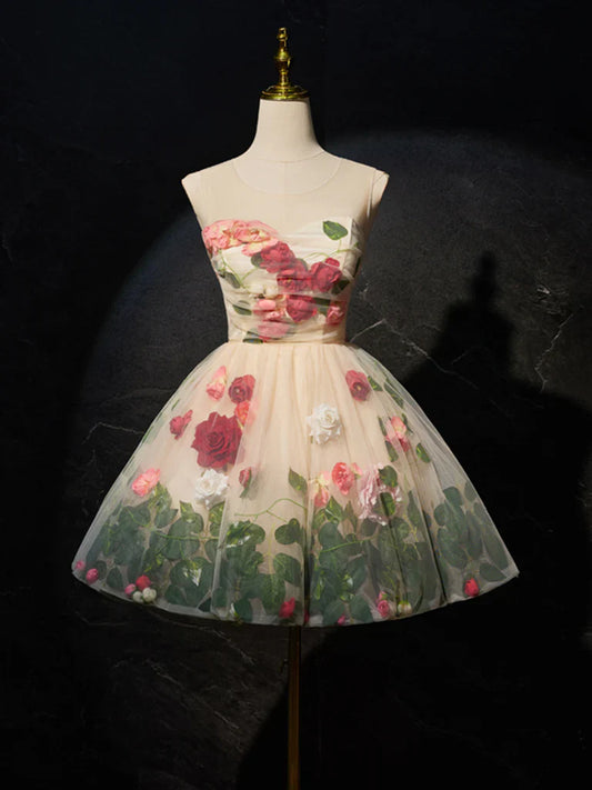 Champagne 3D Flower Tulle Short Prom Dress, Cute Champagne Homecoming Dress ED0652