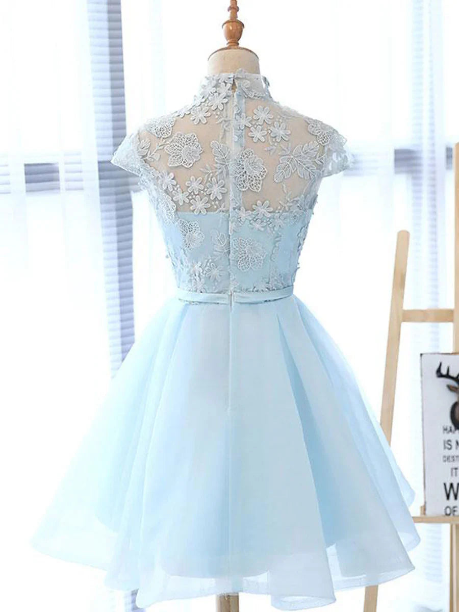 A line High Neck Lace Blue Short Prom Dress, Blue Homecoming Dress ED0656