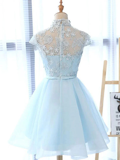 A line High Neck Lace Blue Short Prom Dress, Blue Homecoming Dress ED0656