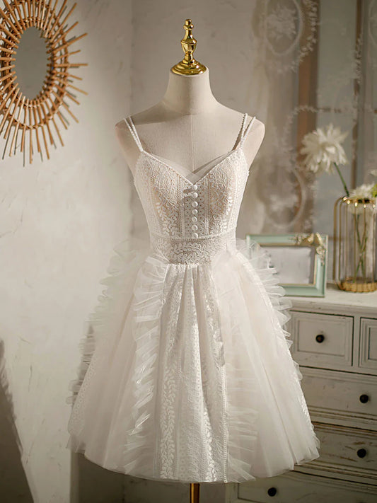 ivory v neck tulle lace short prom dress lace cocktail dress ED0657