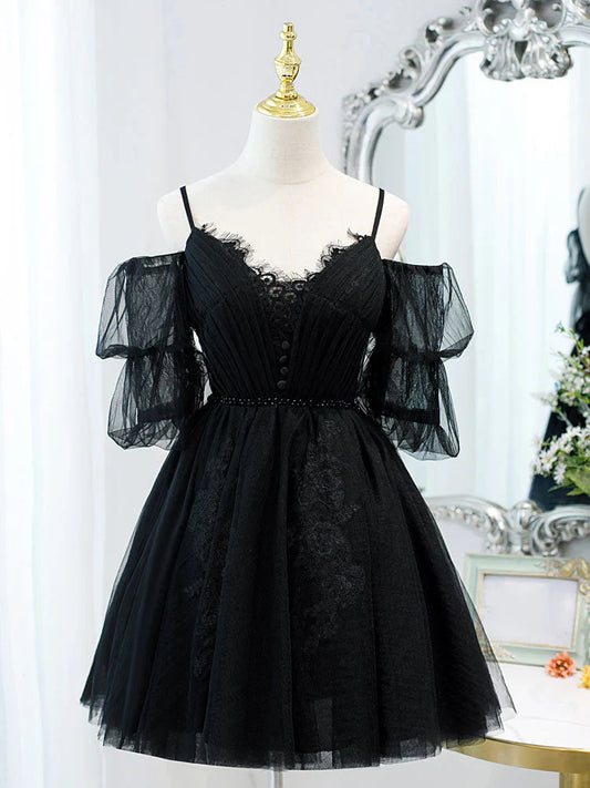 Black A-Line Tulle Lace Short Prom Dress, Black Homecoming Dresses ED0658