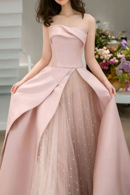 A-Line Satin Tulle Pink Long Prom Dress, Pink Long Formal Dress ED0659