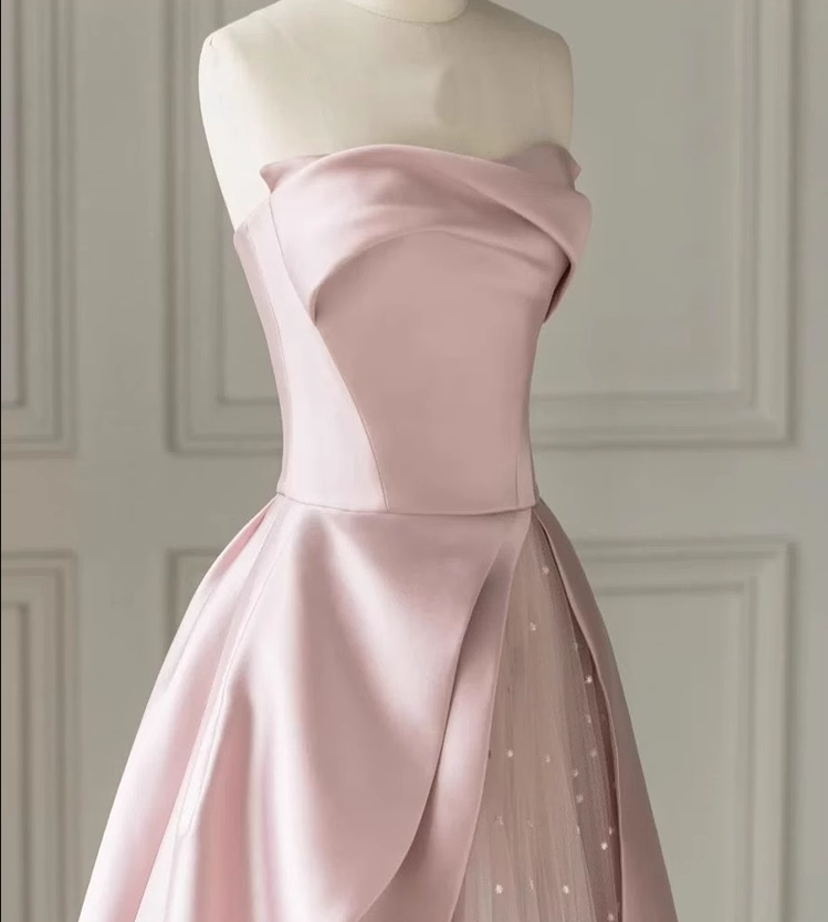 A-Line Satin Tulle Pink Long Prom Dress, Pink Long Formal Dress ED0659