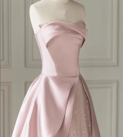 A-Line Satin Tulle Pink Long Prom Dress, Pink Long Formal Dress ED0659