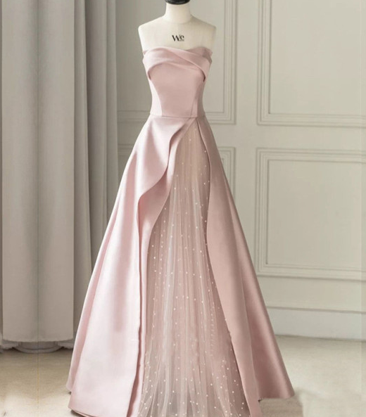 A-Line Satin Tulle Pink Long Prom Dress, Pink Long Formal Dress ED0659