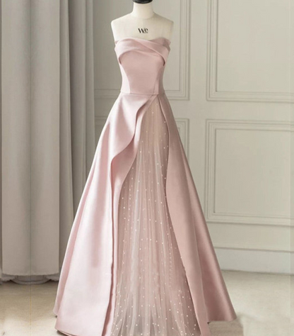 A-Line Satin Tulle Pink Long Prom Dress, Pink Long Formal Dress ED0659