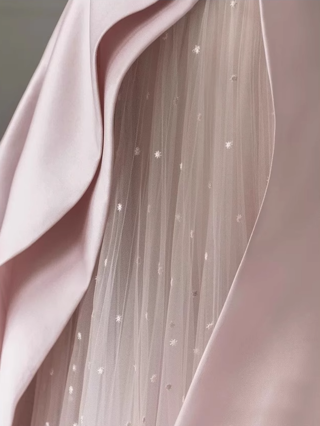 A-Line Satin Tulle Pink Long Prom Dress, Pink Long Formal Dress ED0659