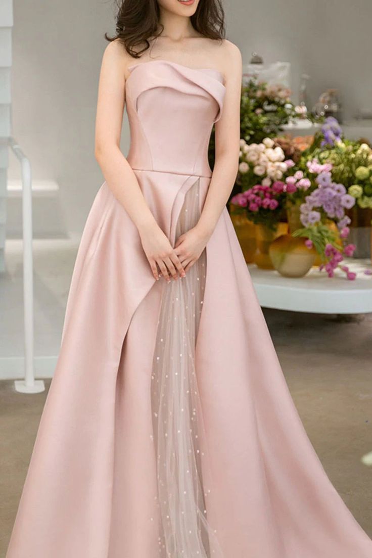 A-Line Satin Tulle Pink Long Prom Dress, Pink Long Formal Dress ED0659