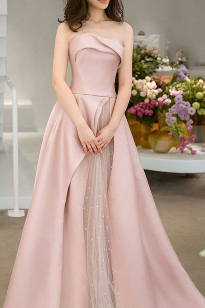 A-Line Satin Tulle Pink Long Prom Dress, Pink Long Formal Dress ED0659