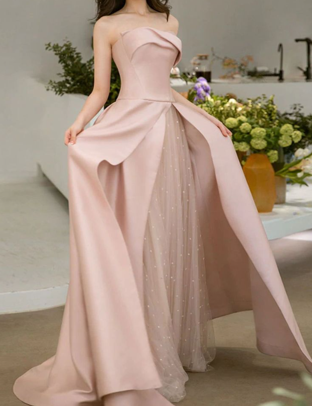 A-Line Satin Tulle Pink Long Prom Dress, Pink Long Formal Dress ED0659