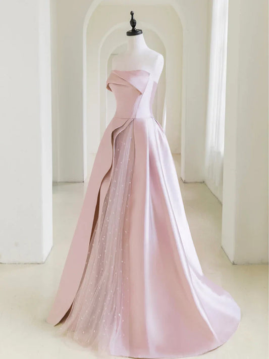 A-Line Satin Tulle Pink Long Prom Dress, Pink Long Formal Dress ED0659