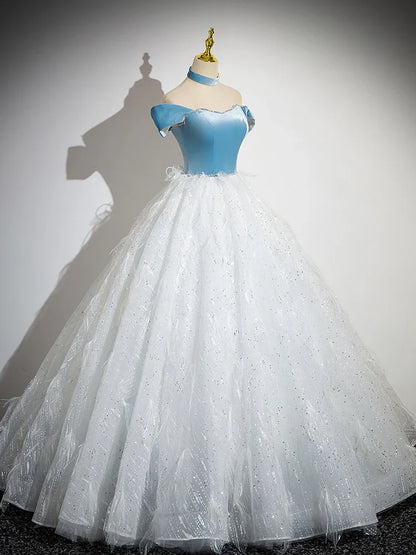 A-Line Tulle Lace White/Blue Long Prom Dress, White/Blue Long Evening Dress   ED066