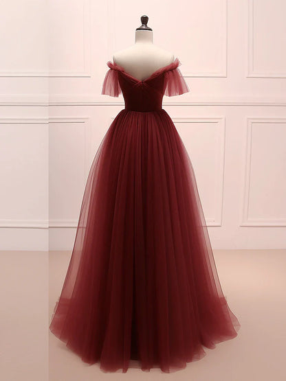 A-Line Burgundy Tulle Long Prom Dress, Burgundy Long Evening Dress ED0660