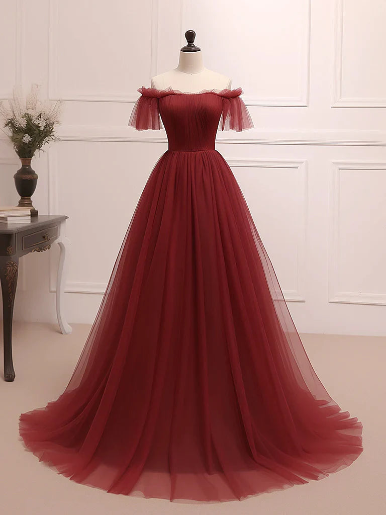 A-Line Burgundy Tulle Long Prom Dress, Burgundy Long Evening Dress ED0660