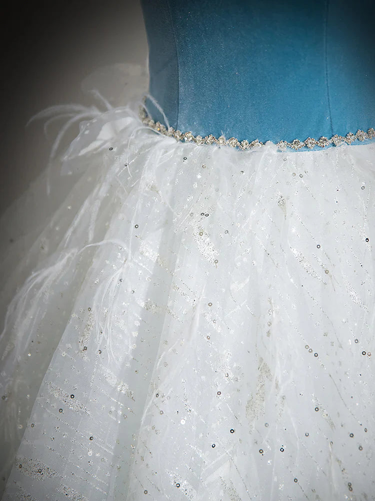 A-Line Tulle Lace White/Blue Long Prom Dress, White/Blue Long Evening Dress   ED066