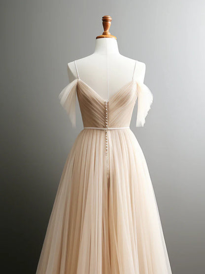 A-Line Off Shoulder Champagne Tulle Long Prom Dress, Champagne Long Evening Dress ED0661
