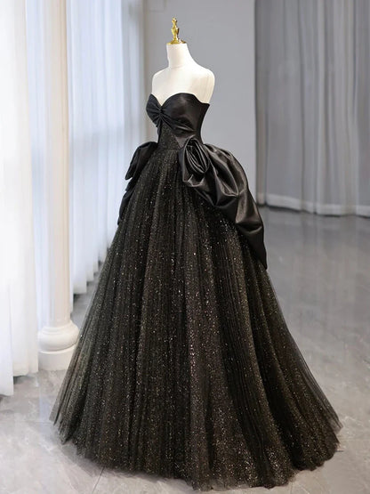 Black Sweetheart Neck Satin Tulle Long Prom Dress, Black Long Formal Dress ED0662