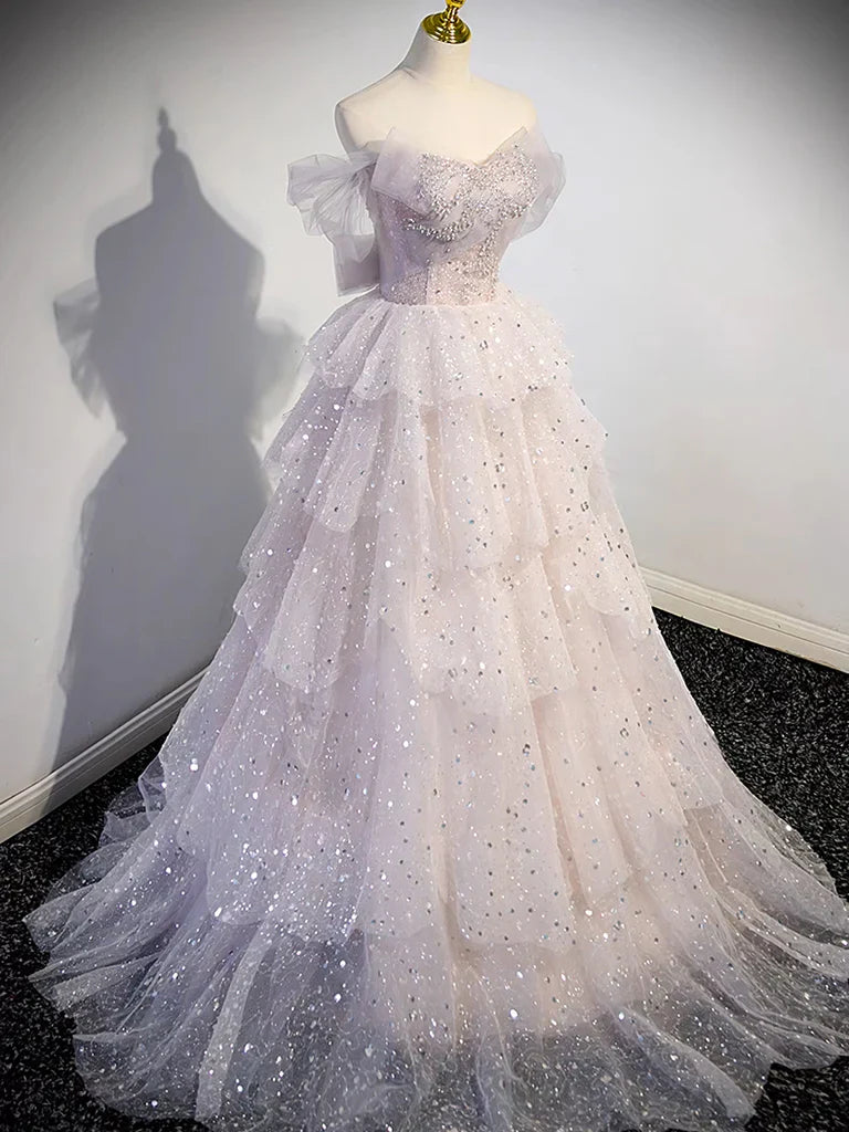 A-line Off Shoulder Tulle Sequin Light Pink Long Prom Dress,Sequin Long Evening Dress ED0663