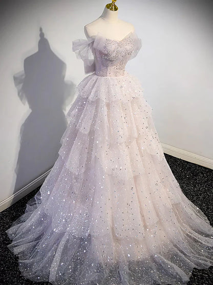 A-line Off Shoulder Tulle Sequin Light Pink Long Prom Dress,Sequin Long Evening Dress ED0663