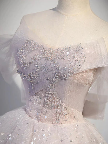 A-line Off Shoulder Tulle Sequin Light Pink Long Prom Dress,Sequin Long Evening Dress ED0663