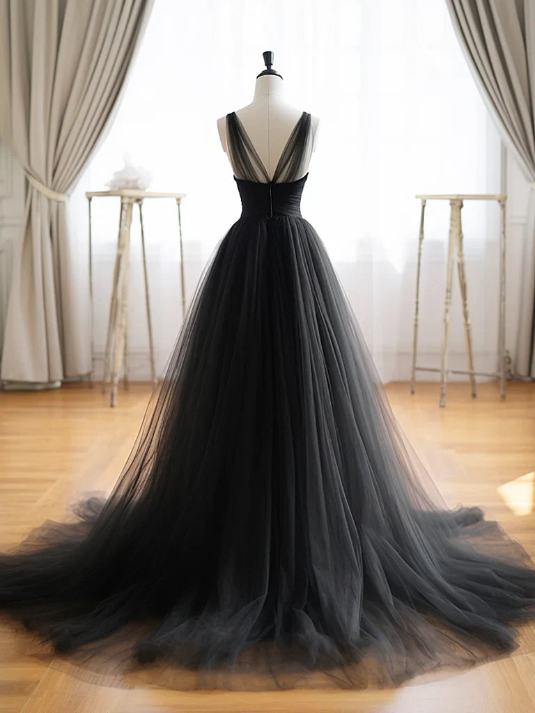 A-Line V Neck Tulle Black Long Prom Dress, Black Long Formal Dress ED0664