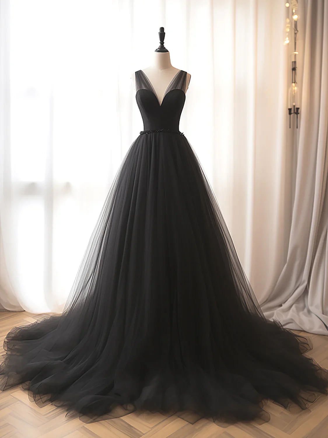 A-Line V Neck Tulle Black Long Prom Dress, Black Long Formal Dress ED0664